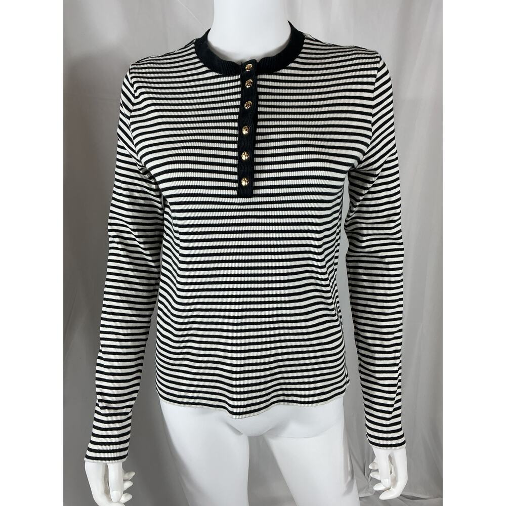 Anine Bing Black and White Striped Long Sleeve Henley Tee - Picture 2 of 4